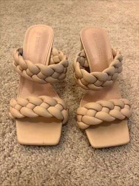 Braided Double-Strap Slide Heels in Nude